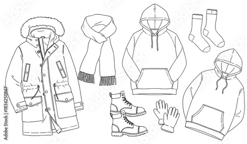Men's Winter Clothing Technical Fashion Sketch Set Outline Vector Illustration of Outerwear and Accessories