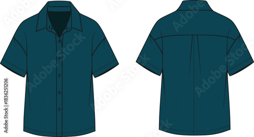 Dark Teal Blue Green Boxy Fit Short Sleeve Collared Shirt Design Technical Fashion Flat Sketch, Button Down Front, Back View Apparel Template, Basic Blank Casual Blouse Mockup