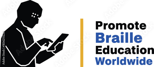 Promote braille education worldwide silhouette of person using braille device symbol of inclusion and accessibility