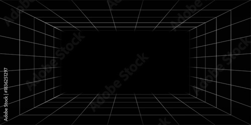 Futuristic perspective grid box. Abstract wireframe with white grid line on black background. Virtual reality landscape in 80s 90s digital style. Vector