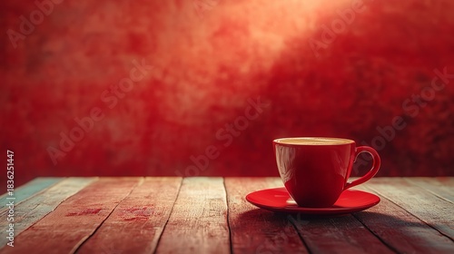 Elegant Red Teacup on Weathered Wooden Surface with Soft Warm Lighting