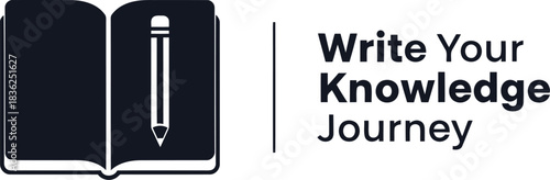 Open book and pencil icon with write your knowledge journey text symbolizing education learning and creative writing