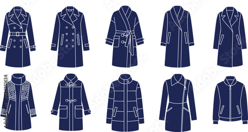 Set of Women's Outerwear Coats and Jackets Fashion Technical Sketch Template Vector Illustration Collection