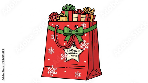 Christmas gift bag with presents and snowflakes holiday shopping season celebration vector illustration