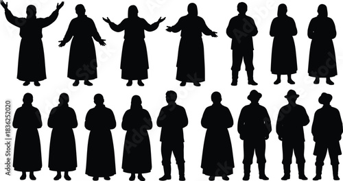 Traditional, attire, silhouette, posture, gesture, dress, tunic, boot, culture, heritage, history, pose, arm, stand, expressive, rural, vector, black, setup, flavector