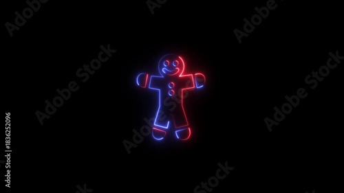 Abstract glowing neon Gingerbread man icon animation with dark background.Icon with snow, Santa Claus, gift box, candy cane, bells, Christmas tree, snowman and reindeer animation.