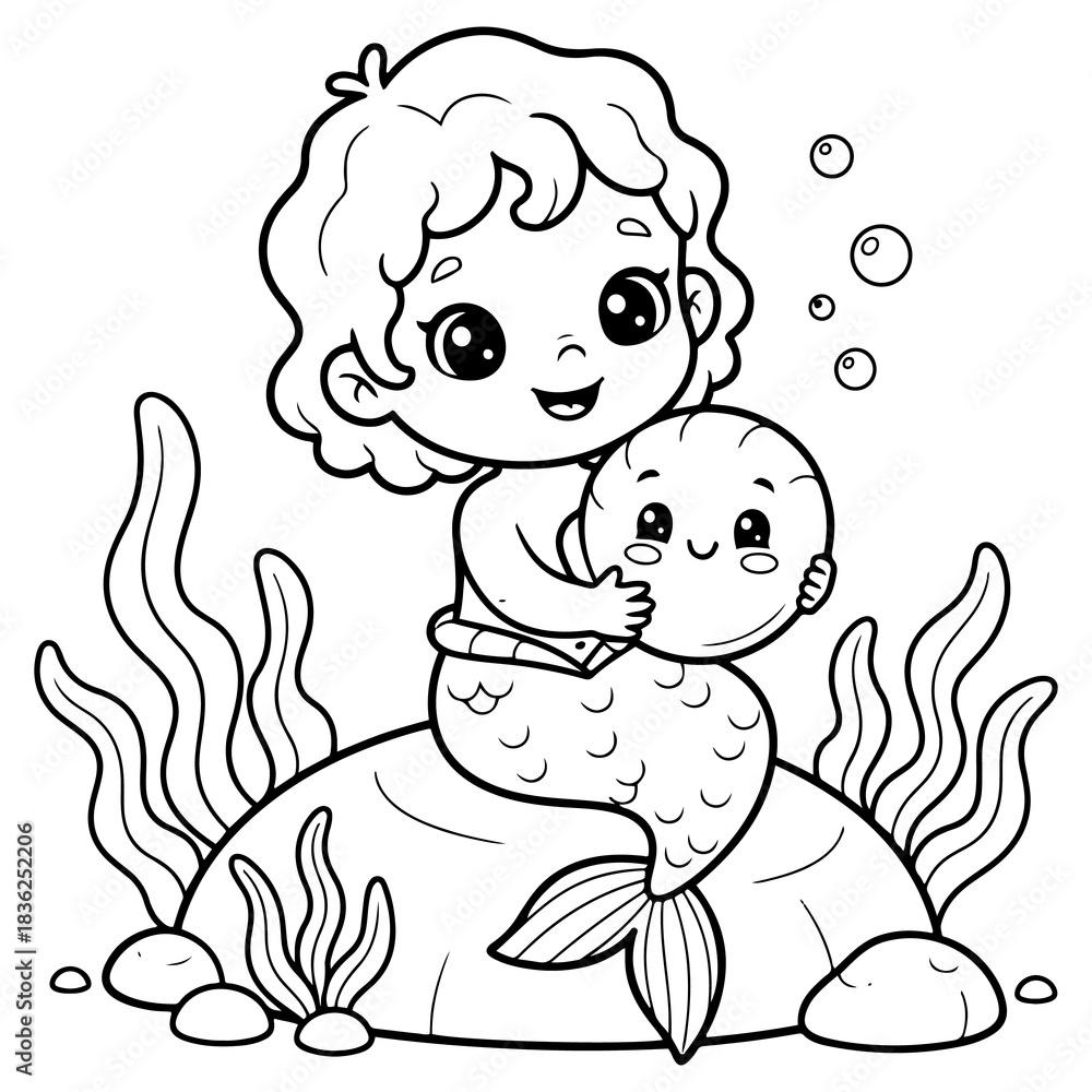 Fototapeta premium Cute mermaid hugging a smiling sea shell while sitting on an underwater rock against a clean white background for a kid activity.