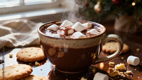 Warm cup of hot chocolate topped with fluffy marshmallows, surrounded by cookies on a wooden table, with soft natural light streaming through a window, creating a cozy winter atmosphere