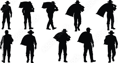 Sack, carry, laborer, silhouette, posture, gesture, shoulder, walk, stand, hat, boot, bundle, rural, agriculture, traditional, movement, setup, vector, black, pose, flavector