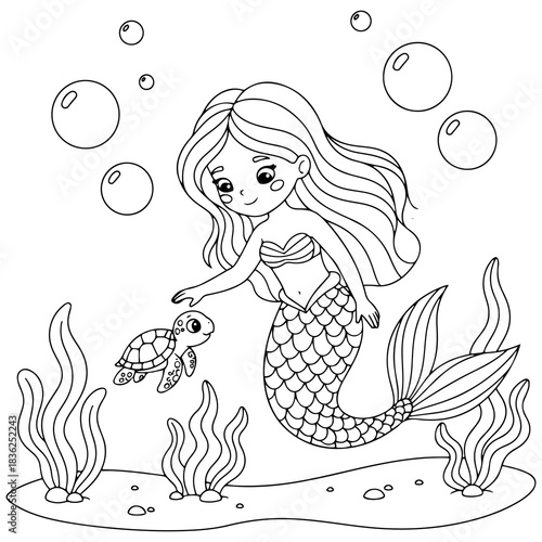 Mermaid & Baby Turtle Coloring page for Kids