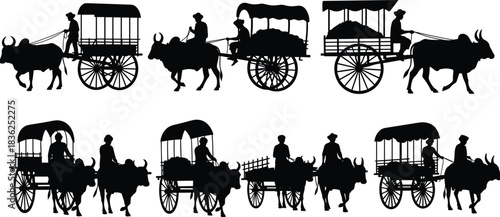Ox, cart, transport, silhouette, posture, gesture, ride, guide, wheel, rural, agriculture, traditional, labor, motion, vehicle, open, covered, setup, vector, black, pose, flavector
