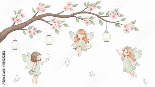 Whimsical Watercolor Fairies Flying Around Cherry Blossom Branch and Lanterns Isolated Illustration