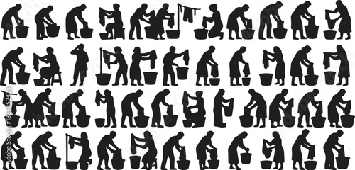Laundry washing silhouette set, manual garment care, traditional cleaning, black icons, flavector, domestic chore, bucket wash, cloth wringing, cultural practice, hygiene task, white background