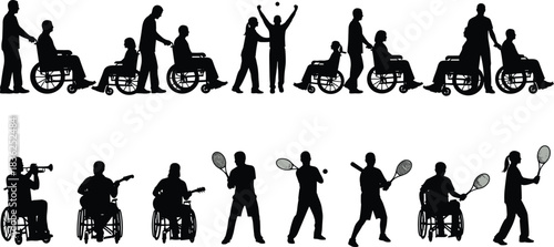 Large set of black silhouettes featuring people in wheelchairs, caregivers assisting disabled individuals, adaptive sports athletes playing tennis, and musicians with instrumen