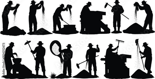 Grain, seed, processing, silhouette, posture, gesture, thresh, winnow, grind, sift, rake, basket, tool, rural, agriculture, manual, labor, vector, black, setup, flavector