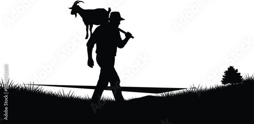 Goat, carry, silhouette, posture, gesture, shoulder, stick, walk, terrain, rural, agriculture, animal, care, traditional, hat, tree, bush, field, vector, black, pose, setup, flavector