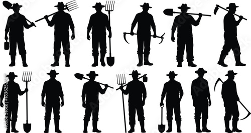 Farmer, tool, silhouette, posture, gesture, shovel, hoe, sickle, pitchfork, watering, can, walk, stand, rural, agriculture, labor, traditional, hat, boot, vector, black, pose, setup, flavector
