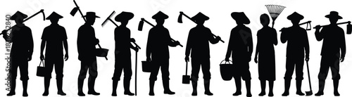 Farmer, tool, silhouette, posture, gesture, hoe, rake, bucket, watering can, hat, boot, field, rural, labor, agriculture, traditional, vector, black, pose, setup, flavector