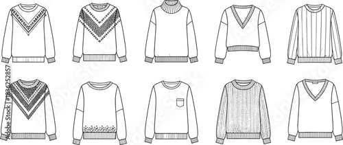 Vector Technical Flat Set of Ten Detailed Women's Pullover Sweaters Featuring Turtleneck, Fair Isle, and Embroidered Crewneck Designs