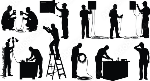 Electrician, silhouette, posture, gesture, outlet, panel, wire, cable, tool, ladder, inspect, install, repair, troubleshoot, light, fixture, vector, black, pose, setup, flavector