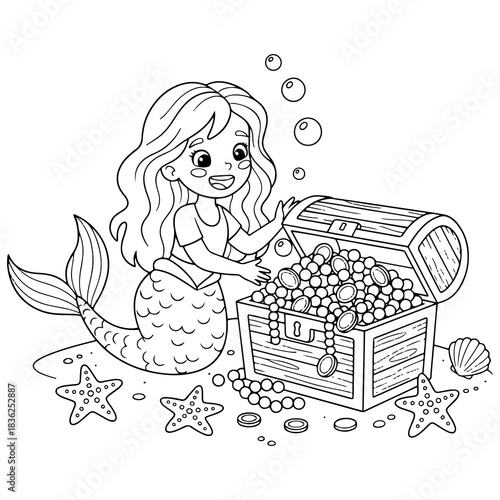 Mermaid with Treasure Chest Coloring page for Kids