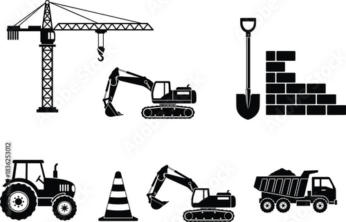 Construction equipment silhouette vector set with crane, excavator, dump truck, tractor, shovel, brick wall, traffic cone, civil engineering tools, black icons, industrial machinery, site symbols