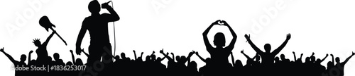 Concert crowd and singer silhouette with raised arms and guitar, black vector illustration for music event, live performance, or entertainment stock image template