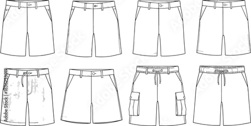 Detailed Vector Technical Flats Collection of Eight Different Women's and Men's Shorts Styles Including Cargo and Casual Designs