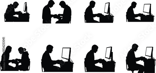 Computer work and interpersonal interaction silhouette set, black vector illustration for office, education, collaboration, or digital learning-themed stock image template