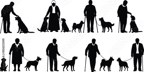 Collection of black silhouettes depicting elderly men and women with dogs, seniors walking pets on leashes, holding canes and petting animals, isolated on white background