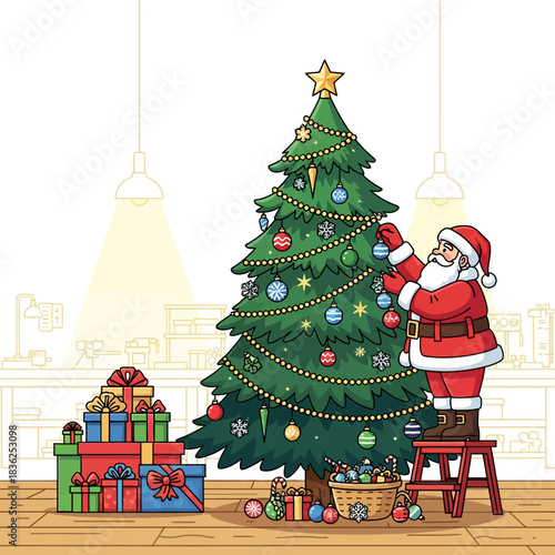 Ilustrasi vektor 2D datar cerah menampilkan Sinterklas menggantung hiasan dan bola Natal berwarna-warni di pohon cemara besar, dengan tumpukan hadiah dan ruang salinan yang luas di bengkelnya.