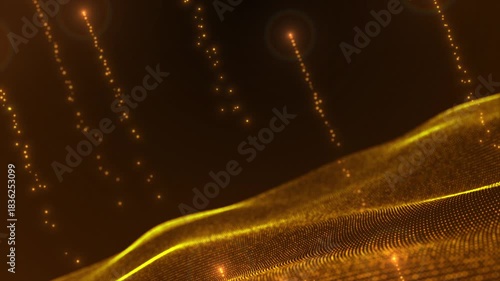 Orange color wavy design circular dots with glowing particles shooting upwards modern design wave background