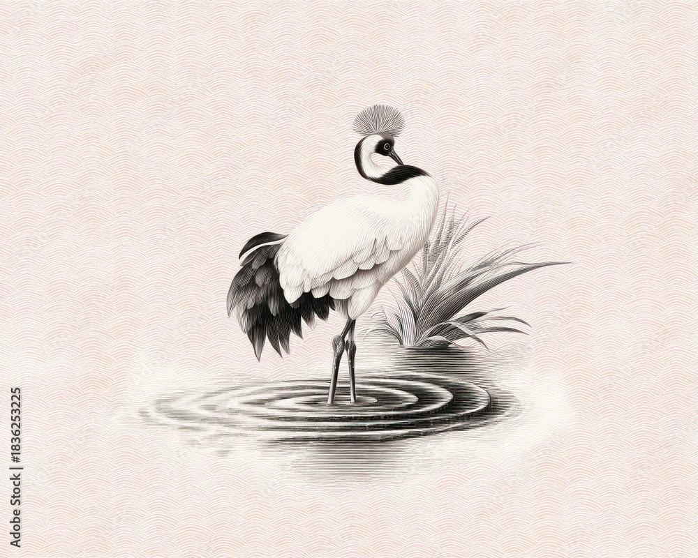 Obraz premium Elegant illustration of a crowned crane in a serene environment