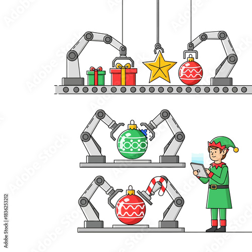Ilustrasi vektor 2D datar minimalis menunjukkan jalur perakitan Natal otomatis yang efisien: lengan robot membungkus hadiah dan memoles ornamen, diawasi oleh teknisi peri.