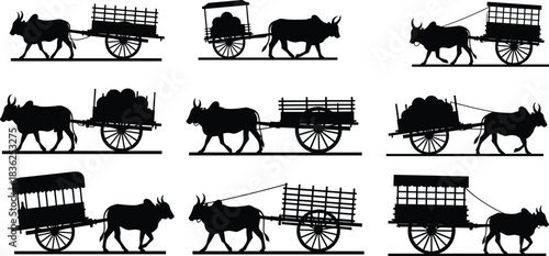 Bullock, cart, silhouette, posture, ox, transport, rural, load, goods, passenger, vector, black, pose, setup, tradition, agriculture, wheel, structure, motion, flavector