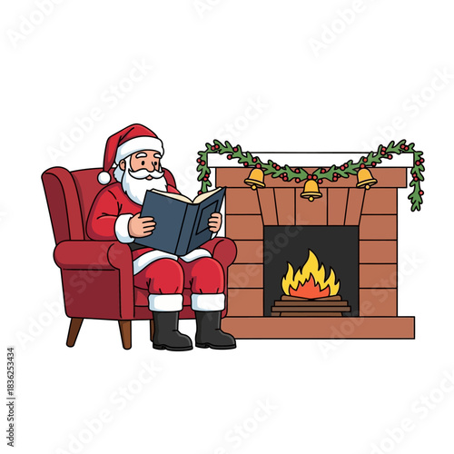 A cozy 2D vector scene: Santa Claus sits in a red armchair by a warm fireplace, reading a large book in a garland-decorated winter holiday reading nook.