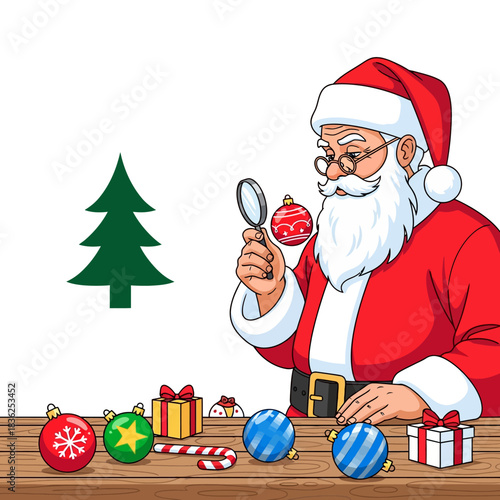 Ilustrasi vektor datar 2D Sinterklas yang ramah, mengenakan kacamata, sedang memeriksa ornamen Natal tradisional yang cerah di atas meja kerja kayu dengan ruang salinan yang luas dan siluet pohon.