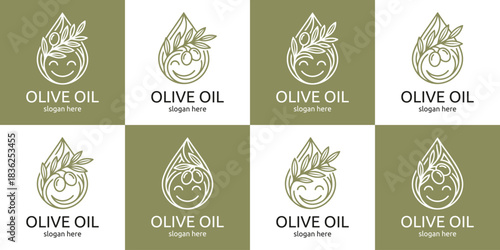 Olive oil logo collection. Minimalist olive oil illustration with a smiley line style for a modern female beauty vector icon.