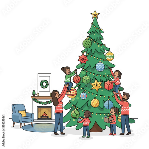 Ilustrasi vektor datar 2D cerah menunjukkan keluarga beragam yang berkolaborasi menggantung ornamen Natal geometris pada pohon di ruang tamu yang nyaman, dengan ruang salinan untuk ucapan.