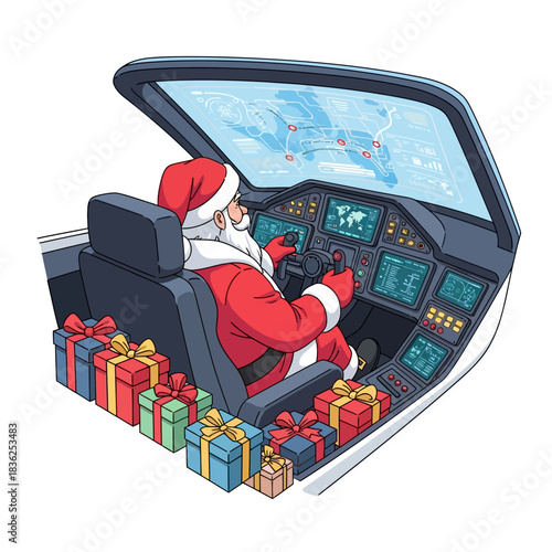 Festive 2D vector illustration: Santa Claus studies a complex digital map on the windshield of his futuristic sleigh cockpit, surrounded by packed gift boxes for Christmas delivery.
