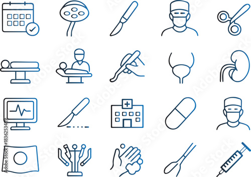 Surgery medical procedure icons set. line art collection for healthcare, hospital, doctors, patients, and surgical instruments and technology. minimal design.