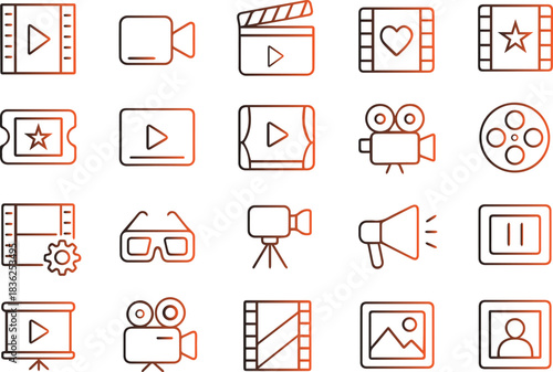 Set of linear icons representing video production, movie watching, digital media playback, film making, and entertainment technology elements for modern interfaces.