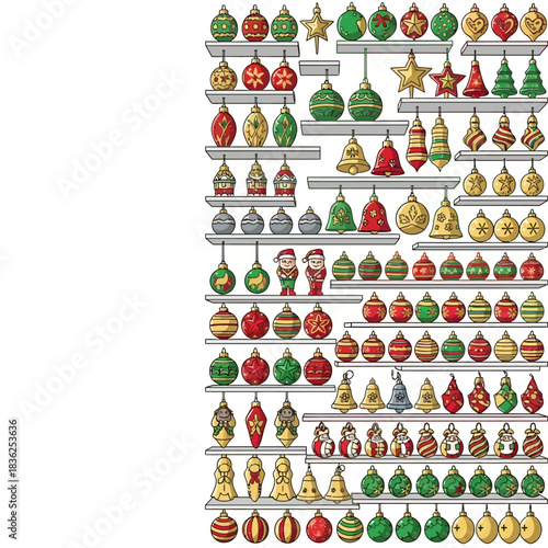 Organized Flat 2D vector scene of a colorful holiday display wall showcasing Christmas baubles, angels, festive bells, and shimmering stars on shelves, providing ample white copy space.