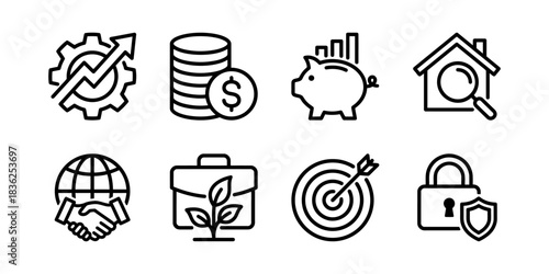 Financial money income icon set. Cash flow business economic growth arrow vector illustration.