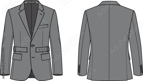 Men's single-breasted belted blazer fashion technical drawing, business casual suit jacket flat sketch template, professional illustration, front and back views, tailored silhouette, vector.