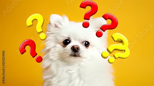 A curious white dog with a big smile on its face stands out against a bright yellow background, perfectly embodying confusion and cuteness as it navigates uncertainty, ideal for advertising or.