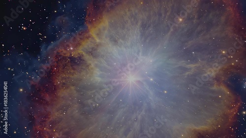 Radiant cosmic clouds swirl with distant stars