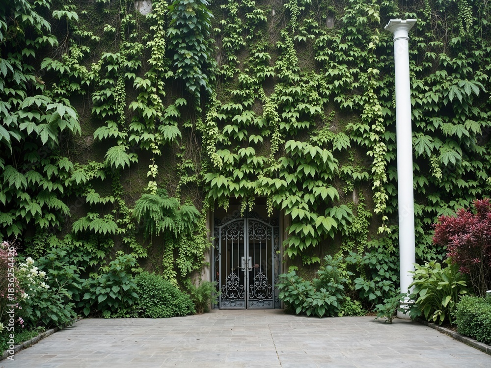 Obraz premium Enchanting Garden Pathway Leads to Ornate Gate Covered in Lush Green Ivy