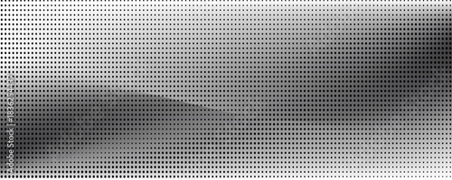 Black halftone dot wave pattern. Abstract grain fluid texture background. Dotted grit curve wallpaper. rasterized undulate swoosh overlay for poster, booklet, banner, brochure, flyer, leaflet. Vector