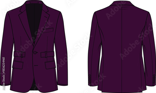 Men's single-breasted blazer fashion technical drawing vector, deep purple suit jacket flat sketch template, professional garment illustration, front and back views, tailored design, apparel CAD.